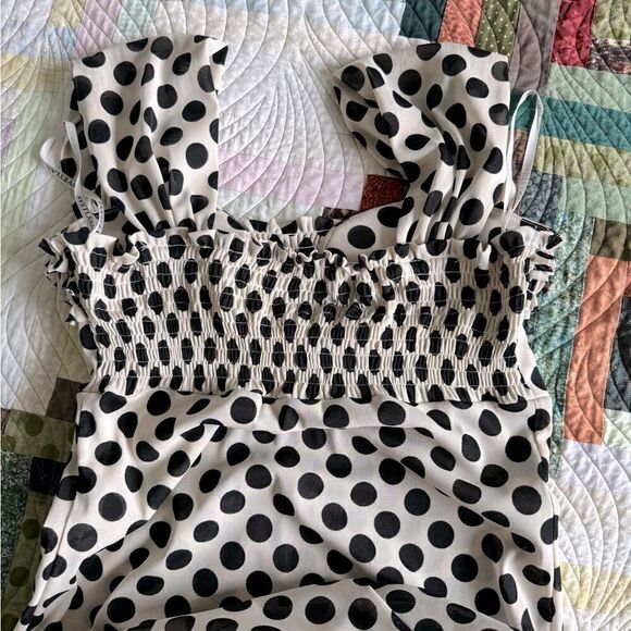 Vintage 90s Svetlana Tan and Black Polka Dot Layered Midi Ruffle Dress Size 10 - Picture 7 of 7